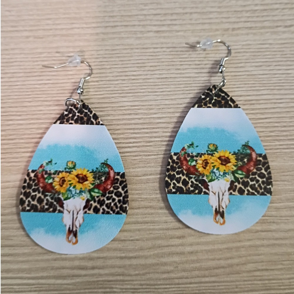 Western Bull Skull Sunflower Leopard Print Teardrop Faux Leather Earrings Boho